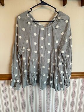 Blu Pepper blue/grey & Ivory Polka Dot Round Neck Tie Babydoll Top Women’s Small